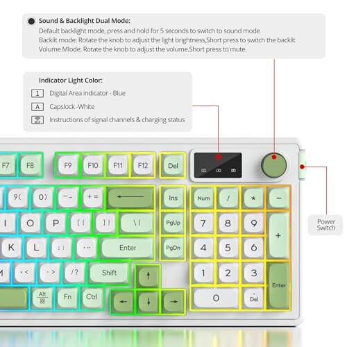 SbocKeeb 96% Kablosuz Klavye Numpad ve Düğme ile, 3 Modlu Kablolu/Bluetooth 5.0/2.4G 98 Tuşlu ABS Küre Şapkalı RGB Sessiz Mekanik Hisli Membran Oyun Klavyesi Win/Mac için (Kar Yeşili) - 6