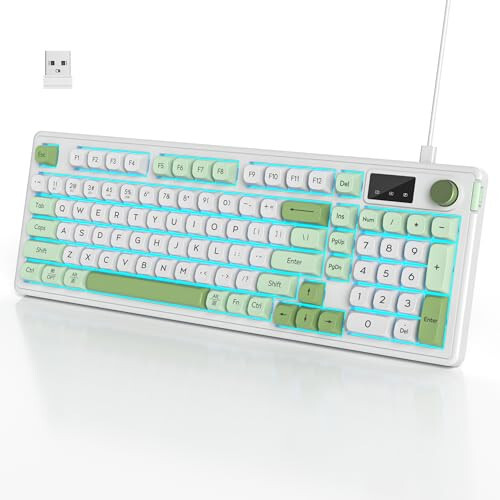 SbocKeeb 96% Simsiz Klaviatura Raqamli Klaviatura va Tutqich bilan, 3 Rejimli Simli/Bluetooth 5.0/2.4G 98 Tugma ABS Sharsimon Qopqoqlar RGB Jim Mekanik Hisli Membranli O'yin Klaviaturasi Win/Mac uchun (Qor Yashil) - SbocKeeb