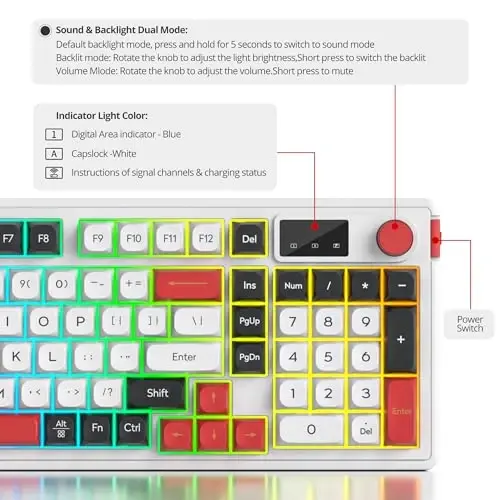 SbocKeeb 96% Wireless Keyboard with Number Pad and Knob,3-Modes Wired/Bluetooth 5.0/2.4G 98 Keys ABS Ball Caps RGB Quiet Mechanical Feel Membrane Gaming Keyboard for Win/Mac（White） - 6