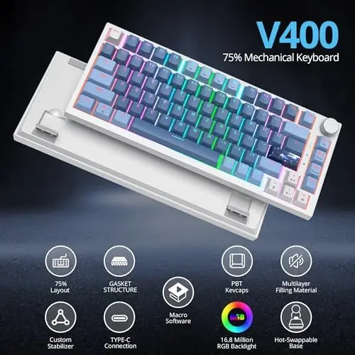 SbocKeeb 75 Percent Keyboard Gasket-Mounted with Sound Absorbing Pads, 82-Key Compact Wired RGB Mechanical Gaming Keyboard Hot-Swap Socket for Win, Fog Blue - 4