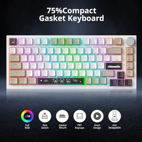 SbocKeeb 75 Percent Keyboard Gasket-Mounted with Sound Absorbing Pads, 82-Key Compact Wired RGB Mechanical Gaming Keyboard Hot-Swap Socket for Win, Gray Black White - 2