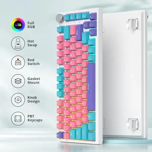 SbocKeeb 75 Percent Pink Keyboard Gasket-Mounted with Sound Absorbing Pads and Pbt Keycaps, 82-Key Compact Wired RGB Mechanical Gaming Keyboard Hot-Swap Socket for Win, Miami Theme Pink - 2