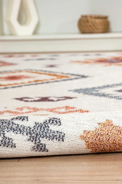 Scandinavian Pattern Washable Non-Slip Chenille Cream Yellow Red Kitchen Rug 4023 - 10