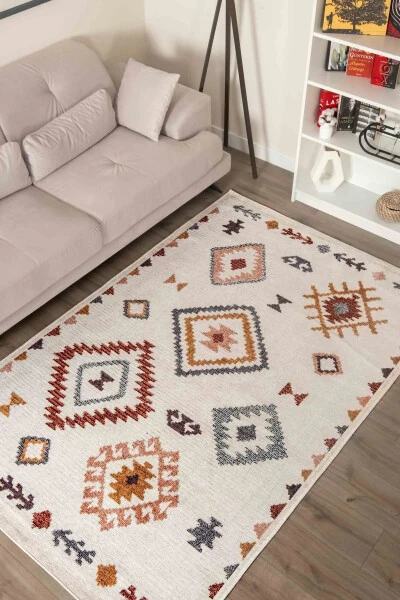 Scandinavian Pattern Washable Non-Slip Chenille Cream Yellow Red Kitchen Rug 4023 - SERENTE HOME