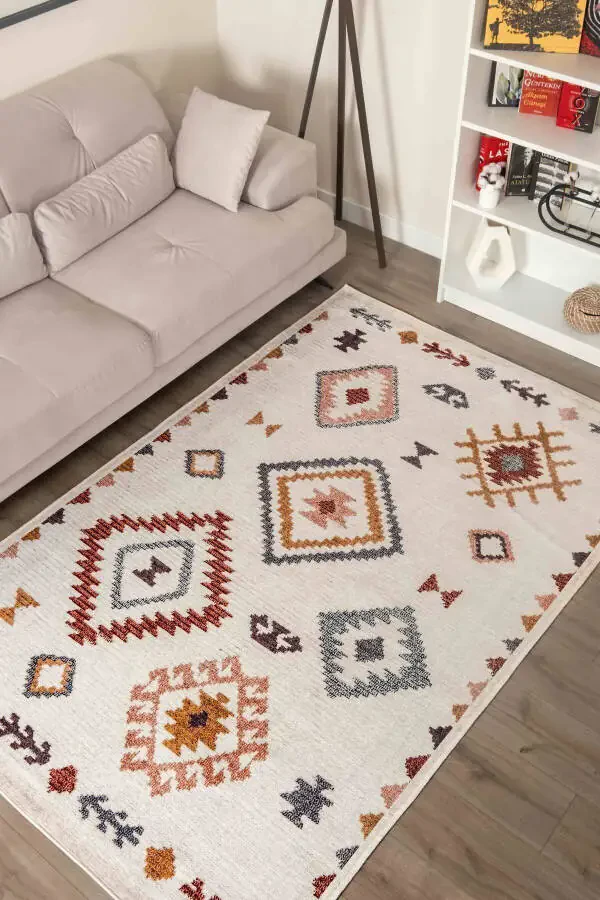 Scandinavian Pattern Washable Non-Slip Chenille Cream Yellow Red Kitchen Rug 4023 - 1