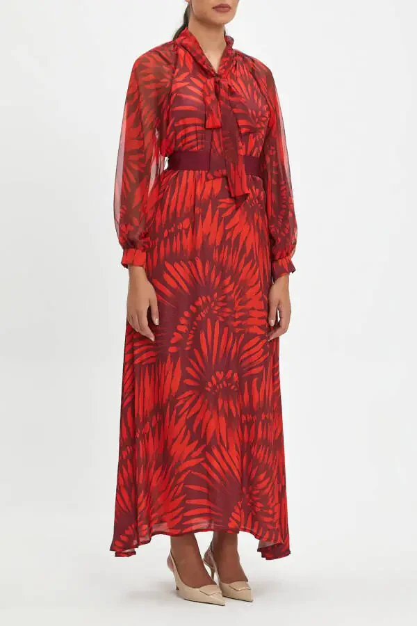 Scarf Detailed Belted Patterned Maxi Length Burgundy Dress - 1