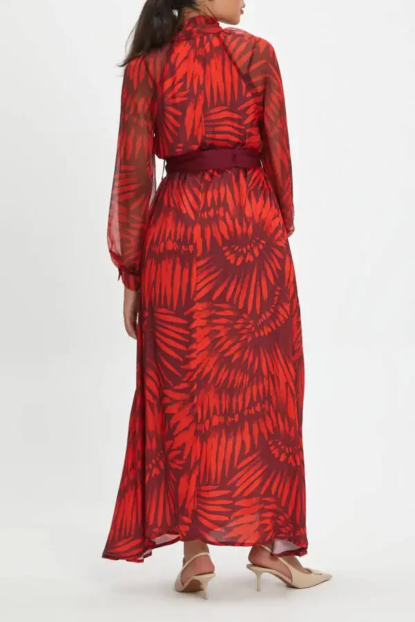Scarf Detailed Belted Patterned Maxi Length Burgundy Dress - 2