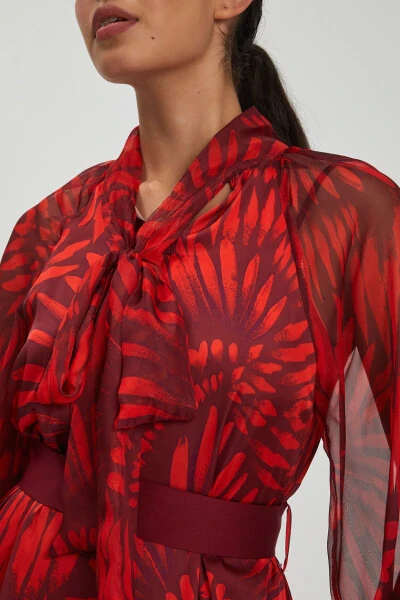 Scarf Detailed Belted Patterned Maxi Length Burgundy Dress - 3