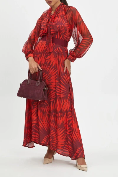 Scarf Detailed Belted Patterned Maxi Length Burgundy Dress - 4