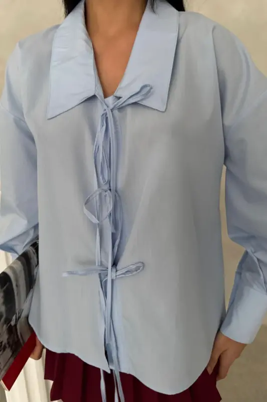 SCHOOL COLLAR POPLIN SHIRT WITH STRING DETAIL - Baby Blue - 3