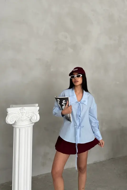 SCHOOL COLLAR POPLIN SHIRT WITH STRING DETAIL - Baby Blue - 4