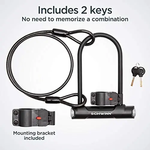 Schwinn Bike Max U-Lock with Double Crimped Cable, 2 Keys Included, 4 feet x 10mm Anti Theft Bicycle Lock, Security Level 5 - 6