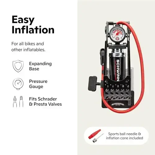 Schwinn yuqori bosimli oyoq pompasi, Air Base & Air Base Plus, havo zonalli bosim o'lchagich, Schrader va Presta ikkalasiga ham mos keladi, maksimal 120 PSI - 1