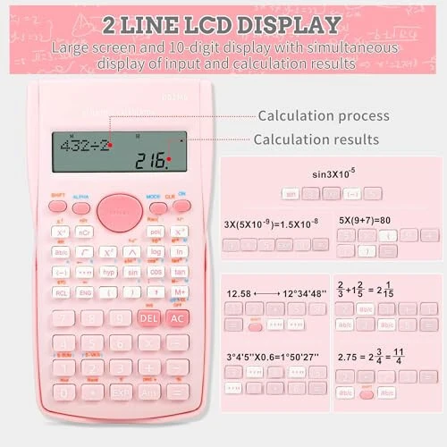 Scientific Calculator, 2 Line Cute Scientific Math Calculator Function Calculator for Students Algebra Geometry Basic Caculator for Middle and High School Student College School Supplies (Pink) - 5