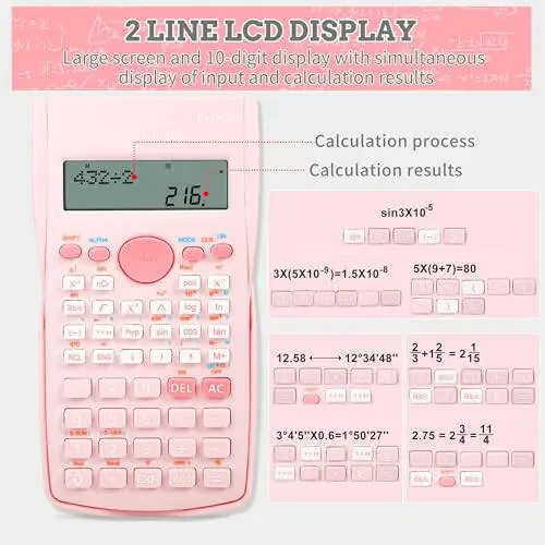 Scientific Calculator, 2 Line Cute Scientific Math Calculator Function Calculator for Students Algebra Geometry Basic Caculator for Middle and High School Student College School Supplies (Pink) - 5