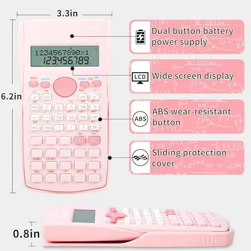 Scientific Calculator, 2 Line Cute Scientific Math Calculator Function Calculator for Students Algebra Geometry Basic Caculator for Middle and High School Student College School Supplies (Pink) - 6