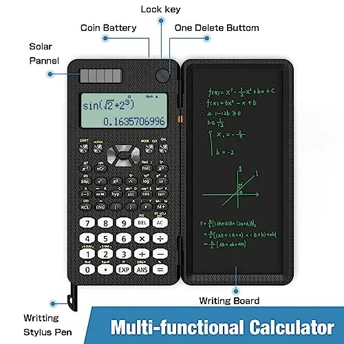 Scientific Calculator for Students, 82MS Foldable Science Calculator with Notepad Solar Energy Science Calculators for Middle and High School Supplies (82MS Black) - 2