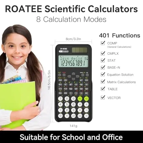 Scientific Calculator School Supplies, ROATEE 991MS 401 Functions 2-Line Display Desktop Calculator with Sliding Cover, Solar Battery Dual Power Kawaii for Middle High School Student and Teacher Black - ROATEE (1)