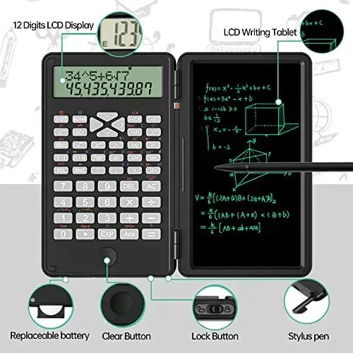 Scientific Calculator with Writing Tablet, Protable Foldable Calculator Notepad 2 in 1 LCD Science Calculator Notepad Professional Financial Calculator for Office Home School Colleage(Black) - 4