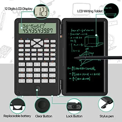 Scientific Calculator with Writing Tablet, Protable Foldable Calculator Notepad 2 in 1 LCD Science Calculator Notepad Professional Financial Calculator for Office Home School Colleage(Black) - 3