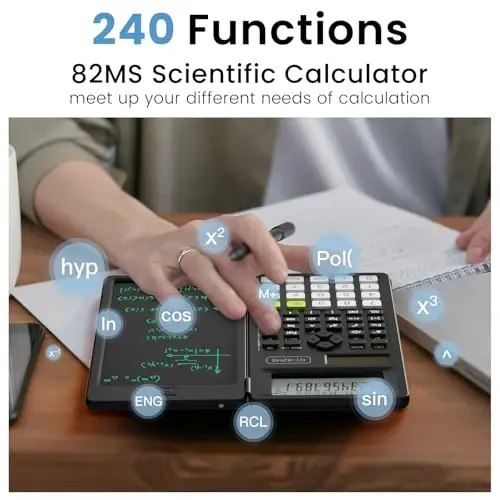 Scientific Calculators for School with Notepad, ROATEE Middle and High School Supplies for Student, 82 MS Foldable 2-Line Display Science Calculator with Writing Tablet, Solar and Battery Power Black - ROATEE (1)