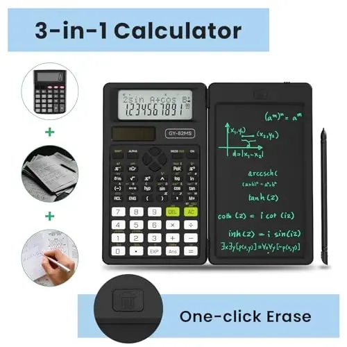 Scientific Calculators for School with Notepad, ROATEE Middle and High School Supplies for Student, 82 MS Foldable 2-Line Display Science Calculator with Writing Tablet, Solar and Battery Power Black - 3