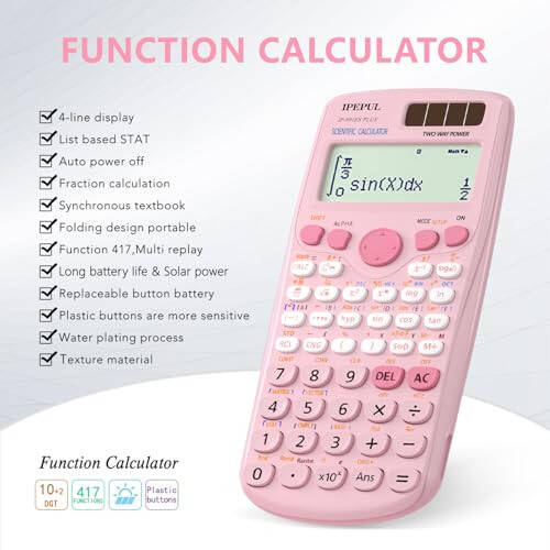 Scientific Calculators, IPepul Pink Math Calculator with 417 Function, Solar Battery Power and 4-Line Display, School Supplies for Middle High College Students Teachers (Pink 991ES Plus) - 5