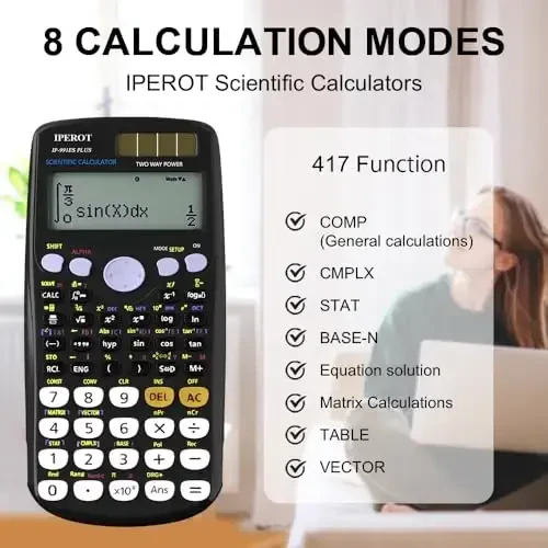 Scientific Calculators, IPEROT Black Math Calculator with 417 Function, Solar Battery Power and 4-Line Display, School Supplies for Middle High College Students Teachers (Black 991ES) - 6