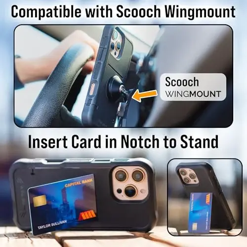 Scooch® for iPhone 15 Case with Card Holder, Wingmate Wallet Case with Hidden Card Slot and RFID Protection for up to 4 Cards, 10-Foot Drop Protection, Black - 1