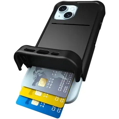 Scooch® iPhone 15 uchun karta ushlagichli g'ilof, 4 tagacha karta uchun yashirin karta uyasi va RFID himoyasi bilan Wingmate hamyon g'ilofi, 10 futdan tushishdan himoya, qora. - 6