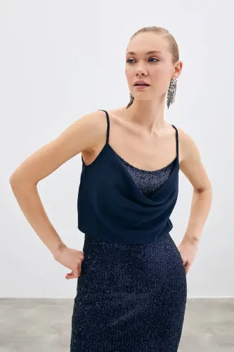 Scoop Neck Blouse - Navy Blue-NAVY BLUE - 1