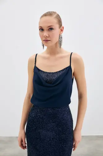 Scoop Neck Blouse - Navy Blue-NAVY BLUE - 2