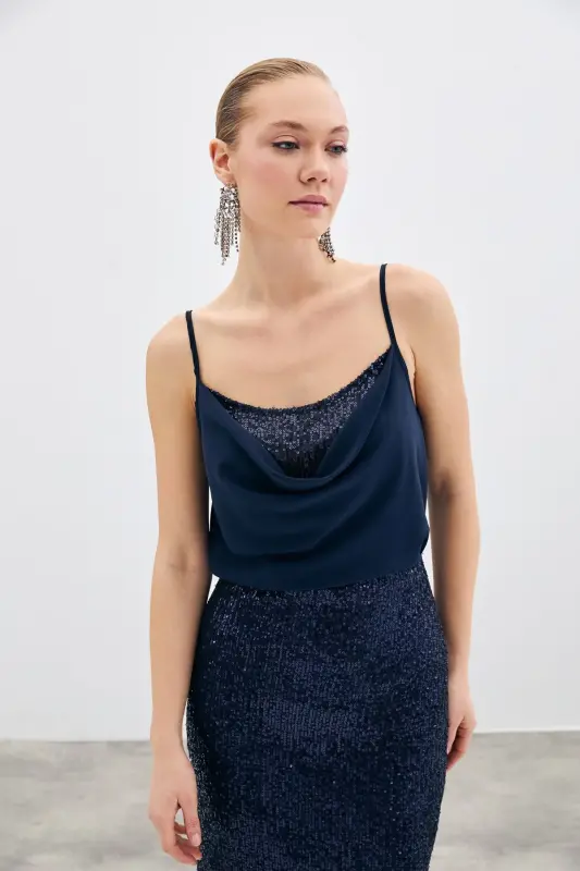 Scoop Neck Blouse - Navy Blue-NAVY BLUE - 4