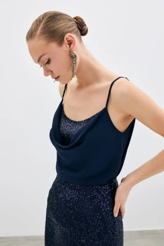 Scoop Neck Blouse - Navy Blue-NAVY BLUE - 5