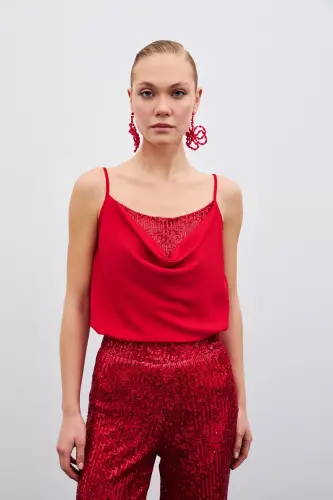 Scoop Neck Blouse - Red-Red - 2