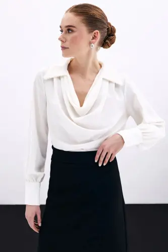 Scoop Neck Pearl Embellished Slouchy Blouse - Ecru-ECRU 