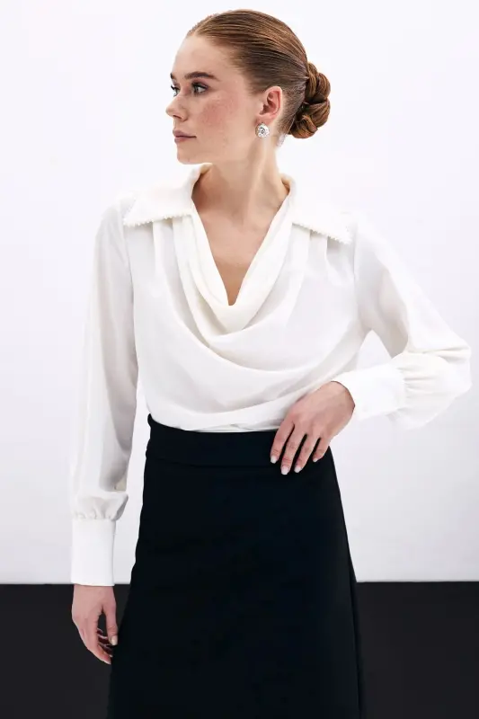 Scoop Neck Pearl Embellished Slouchy Blouse - Ecru-ECRU - 1