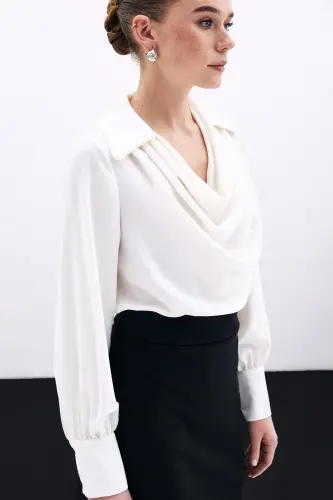 Scoop Neck Pearl Embellished Slouchy Blouse - Ecru-ECRU - 3