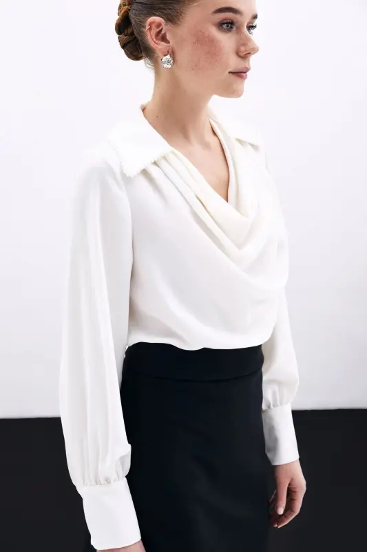 Scoop Neck Pearl Embellished Slouchy Blouse - Ecru-ECRU - 3