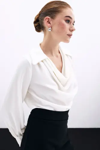 Scoop Neck Pearl Embellished Slouchy Blouse - Ecru-ECRU - 4