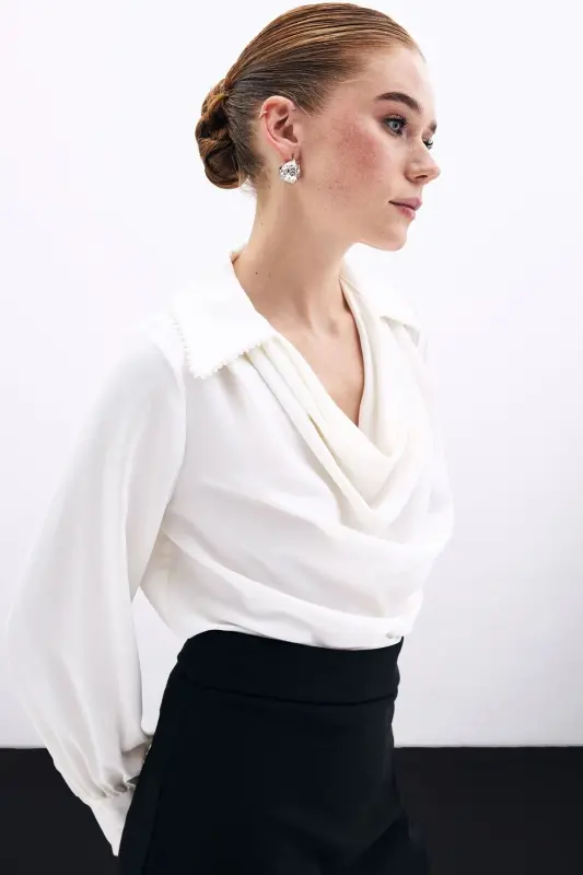 Scoop Neck Pearl Embellished Slouchy Blouse - Ecru-ECRU - 4