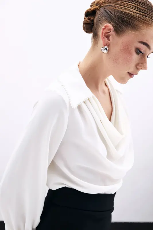 Scoop Neck Pearl Embellished Slouchy Blouse - Ecru-ECRU - 5