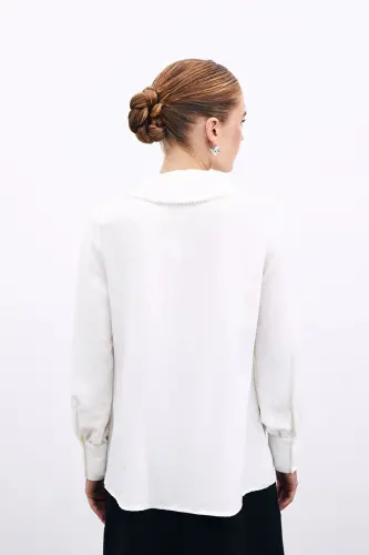 Scoop Neck Pearl Embellished Slouchy Blouse - Ecru-ECRU - 6