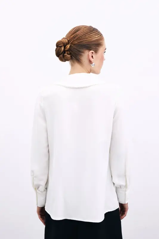 Scoop Neck Pearl Embellished Slouchy Blouse - Ecru-ECRU - 6