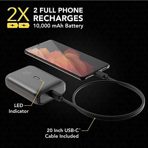 Scosche PB10PD-SP GoBat 10000mAh Kompakt Çift Portlu Cep Telefonu Pil Paketi, 20W USB-C Güç Dağıtımı Hızlı Şarj Cihazı ve 18W USB-A Taşınabilir Güç Bankası, Apple iPhone ve Android ile Uyumlu Harici Pil - 2