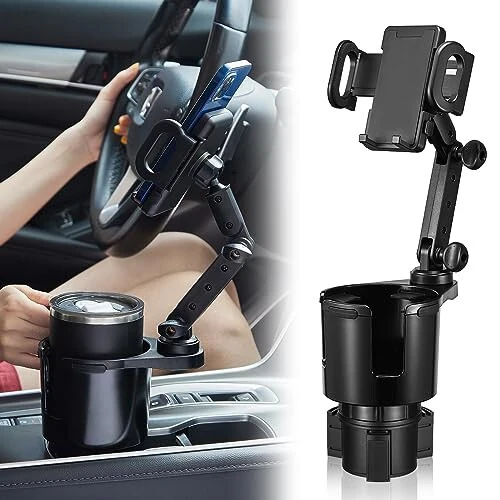 SCRWVESS Cup Holder Phone Mount, 2 in 1 Cup Holder Expander for Car Long Arm with 360°Rotation Cup Holder Cell Phone Holder for Car Compatible with All Smartphones - SCRWVESS