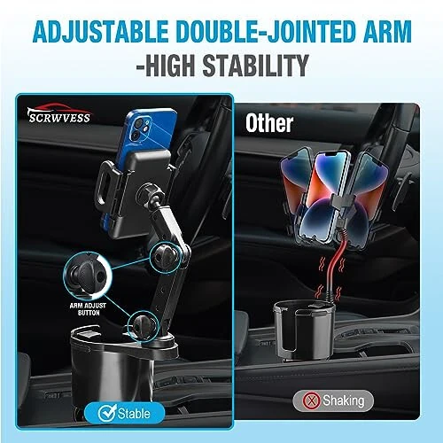 SCRWVESS Cup Holder Phone Mount, 2 in 1 Cup Holder Expander for Car Long Arm with 360°Rotation Cup Holder Cell Phone Holder for Car Compatible with All Smartphones - SCRWVESS (1)