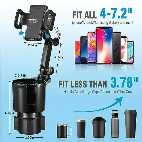 SCRWVESS Stakan Ustiga Telefon O'rnatuvchi, Avtomobil Uchun 2 ta 1 da Stakan Ustiga Kengaytirgich Uzoq Qo'l bilan 360° Aylanish Stakan Ustiga Telefon O'rnatuvchi, Barcha Smartfonlar bilan Mos keladi - 3