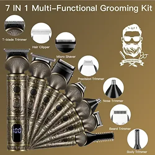 Scttomon Beard Trimmer Kit Professional Hair Clipper Zero Gapped T-Blade Electric Shaver Razor Nose Body Trimmer for Men Cordless Grooming Kit 7 in 1 - 2
