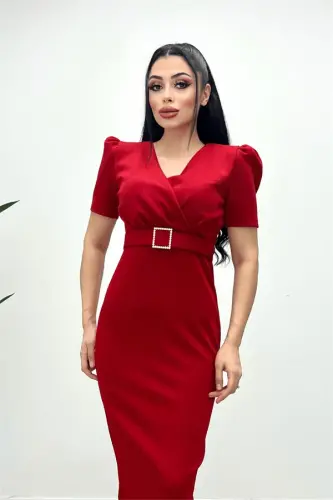 Scuba Fabric Belt Detail Pencil Dress - RED - 1